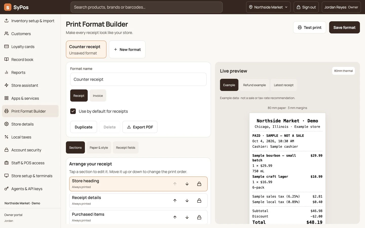 Actual Syp OS receipt builder screen with example store data